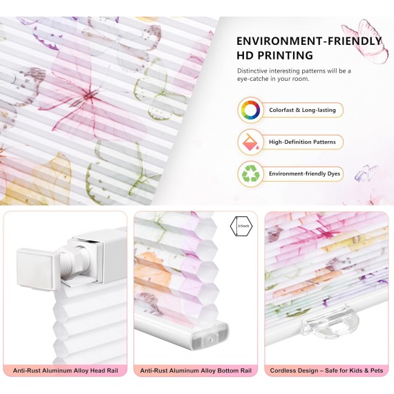 No Tools No Drill Cordless Cellular Shades, Flutter Butterfly Window Blinds Light Filtering Honeycomb Blinds for Window Size 20" W x 64" H, Colorful Butterflies
