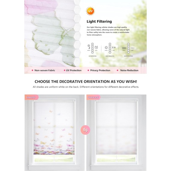 No Tools No Drill Cordless Cellular Shades, Flutter Butterfly Window Blinds Light Filtering Honeycomb Blinds for Window Size 20" W x 64" H, Colorful Butterflies