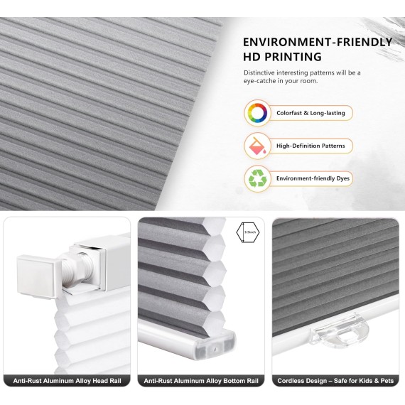 No Tools No Drill Cordless Cellular Shades, Gradient Window Blinds Light Filtering Honeycomb Blinds for Window, Grey