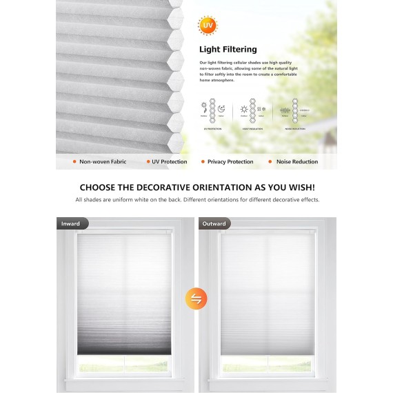 No Tools No Drill Cordless Cellular Shades, Gradient Window Blinds Light Filtering Honeycomb Blinds for Window, Grey