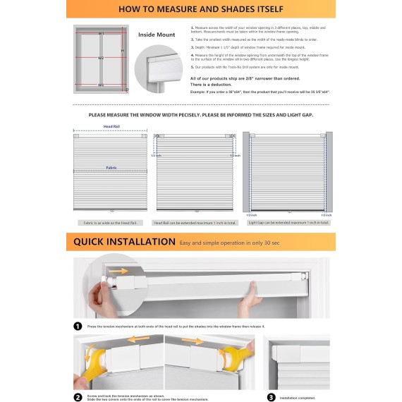 No Tools No Drill Cordless Cellular Shades, Gradient Window Blinds Light Filtering Honeycomb Blinds for Window, Grey