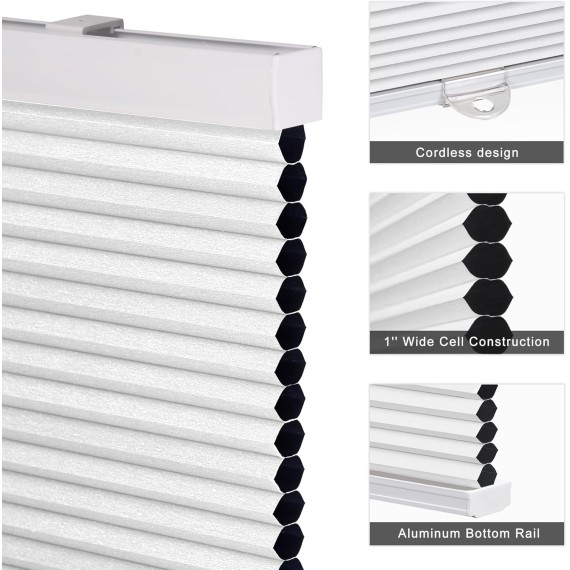 No Tools No Drill Cordless Cellular Shades, Blackout Honeycomb Shades Room Darkening Pleated Blinds for Window Size 19" W x 36" H, White