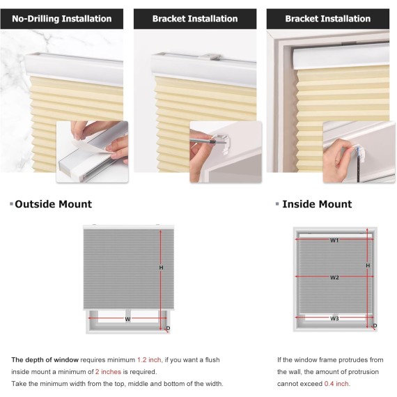 No Tools No Drill Cordless Cellular Shades, Blackout Honeycomb Shades Room Darkening Pleated Blinds for Window Size 19" W x 36" H, White