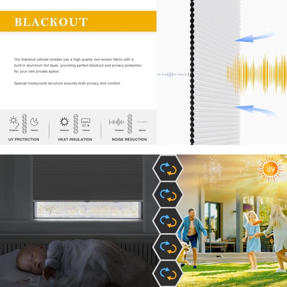 Cordless Cellular Shades, Blackout Honeycomb Shades with 1.5 inch cells, Room Darkening Pleated Blinds for Window Size 19" W x 36" H, White