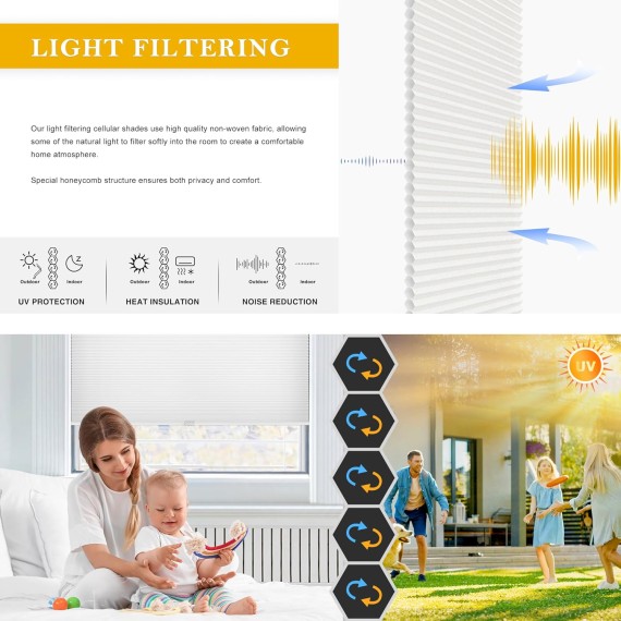 Cordless Cellular Shades, Light Filtering 1.5 inch Honeycomb Shades Pleated Blinds for Window, White