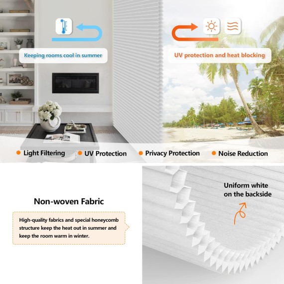 Cordless Cellular Shades, Custom Cut to Size Light Filtering 1.5 inch Honeycomb Shades Pleated Blinds for Windows, White
