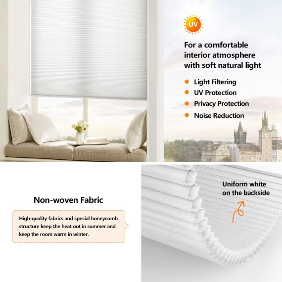 Cordless Cellular Shades, Light Filtering Customized Honeycomb Shades Pleated Blinds for Windows, White
