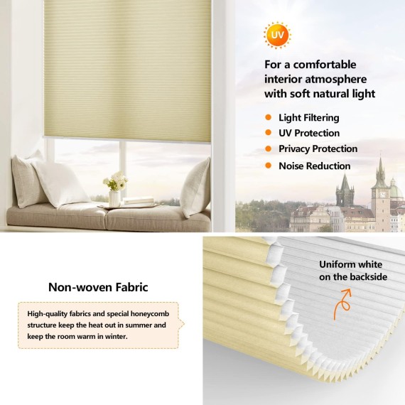 Cordless Cellular Shades, Blackout Room Darkening Customized Honeycomb Shades Pleated Blinds for Windows, Beige