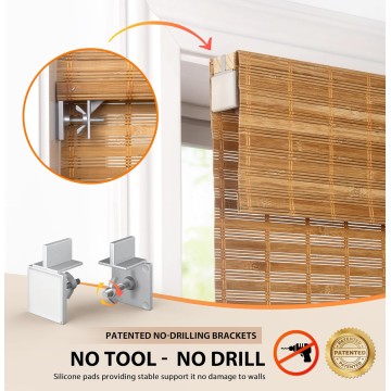 No Tools No Drill Cordless Bamboo Roman Shades, Light Filtering Window Treatment, Roll Up Bamboo Blinds for Window 22'' W x 64'' H, Squirrel