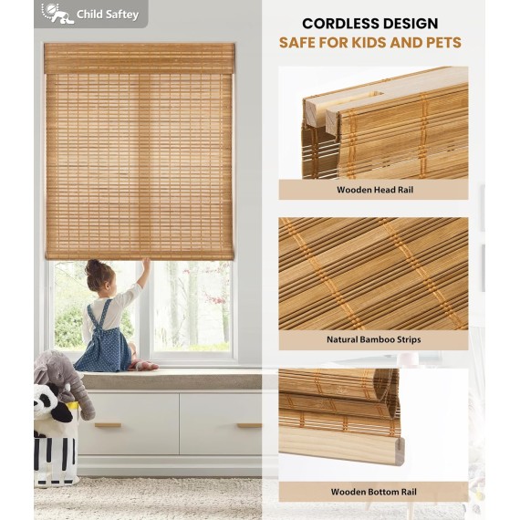 No Tools No Drill Cordless Bamboo Roman Shades, Light Filtering Window Treatment, Roll Up Bamboo Blinds for Window 22'' W x 64'' H, Squirrel