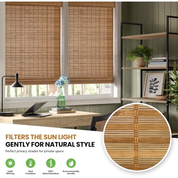 No Tools No Drill Cordless Bamboo Roman Shades, Light Filtering Window Treatment, Roll Up Bamboo Blinds for Window 22'' W x 64'' H, Squirrel