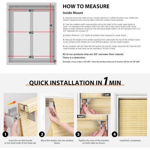 No Tools No Drill Cordless Bamboo Roman Shades, Light Filtering Window Treatment, Roll Up Bamboo Blinds for Window 22'' W x 64'' H, Squirrel