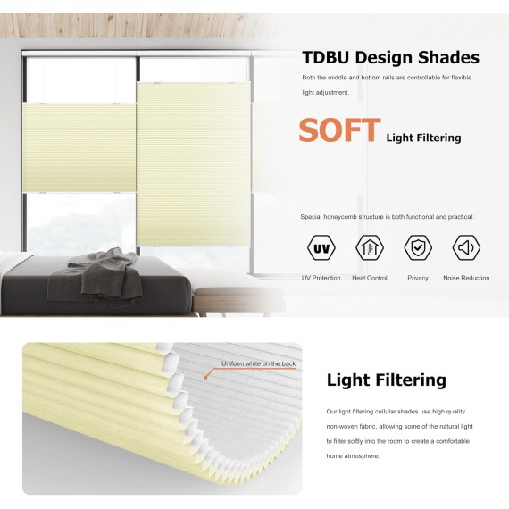 Cordless Top Down Bottom Up Cellular Shades, Light Filtering Honeycomb Shades Pleated Blinds for Windows, Custom Cut to Size Window Blinds, Cream