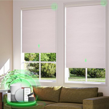 Motorized Blinds with Remote,Upgraded to【No Drill Smart Blinds】 Grasscloth Fabric,Automatic Blinds,Cordless Roller Shades,Electric Blinds for Windows,Work with Alexa/Google,White