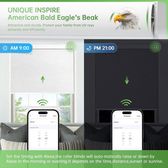 Motorized Blinds with Remote,Upgraded to【No Drill Smart Blinds】 Grasscloth Fabric,Automatic Blinds,Cordless Roller Shades,Electric Blinds for Windows,Work with Alexa/Google,White