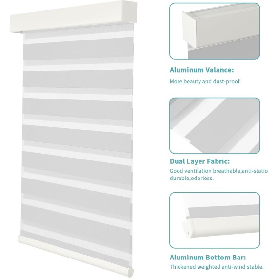 Custom Smart Zebra Blinds Compatible with Alexa,Blackout (85%) Motorized Dual-Layer Zebra Window Shades,Privacy Light Control Available for Remote Control,Voice Control.Google Home, Grey