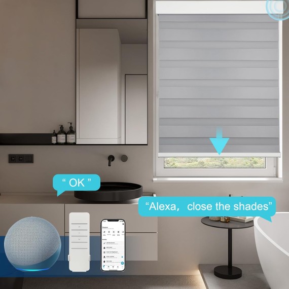 Custom Smart Zebra Blinds Compatible with Alexa,Blackout (85%) Motorized Dual-Layer Zebra Window Shades,Privacy Light Control Available for Remote Control,Voice Control.Google Home, Grey