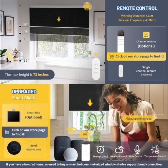 Motorized Blinds with Valance Cover Upgraded Smart Blinds Grasscloth Fabric Electric Blinds Remote Control Automatic Roller Shades for Windows Work with Alexa Google Home