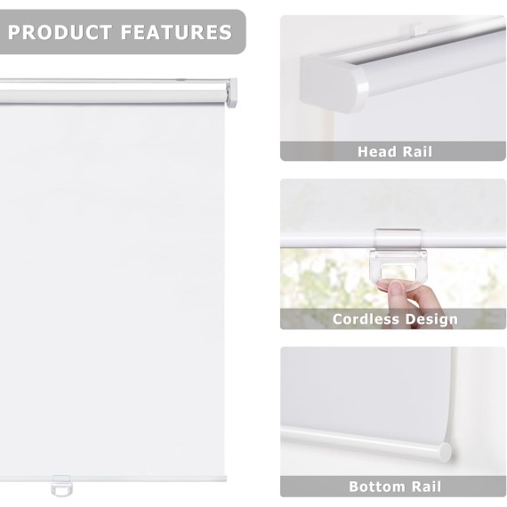 No Tools No Drill Cordless Roller Blinds Shades, Light Filtering Thermal Insulated UV Protection Privacy Blinds for Window Size 20'' W x 72'' H, White