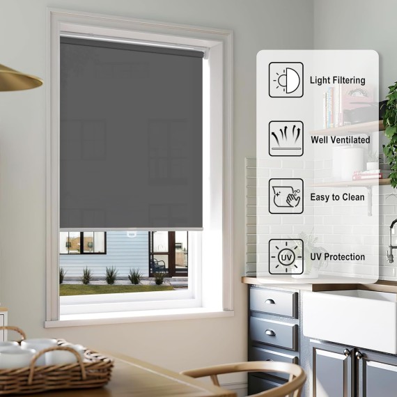 No Tools No Drill Cordless Roller Blinds Shades, Light Filtering Thermal Insulated UV Protection Privacy Blinds for Window, Grey