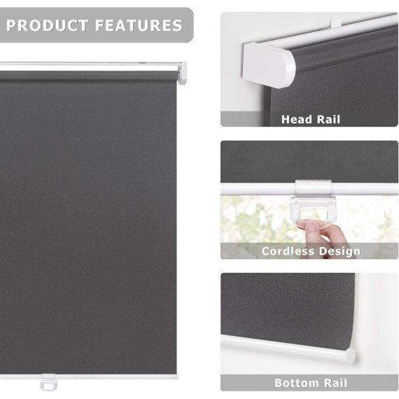 No Tools No Drill Cordless Roller Blinds Shades, Light Filtering Thermal Insulated UV Protection Privacy Blinds for Window, Grey