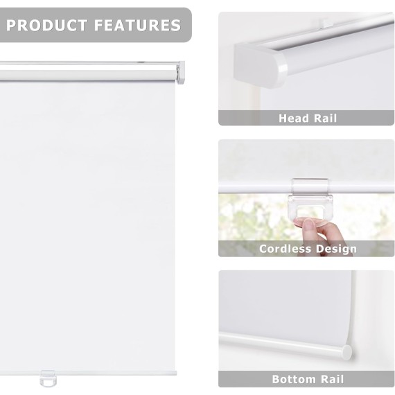 No Tools No Drill Cordless Roller Blinds Shades, Light Filtering Thermal Insulated UV Protection Privacy Blinds for Window, White