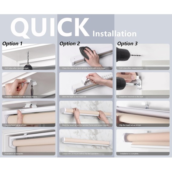 No Tools No Drill Cordless Roller Blinds Shades, Light Filtering Thermal Insulated UV Protection Privacy Blinds for Window, White