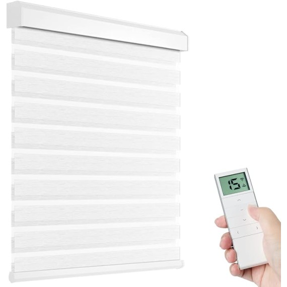 Motorized Zebra Shades with Remote Control, Electric Dual Layer Sheer Roller Blind Work with Alexa via Hub, Smart Day and Night Horizontal Blinds for Windows, Customized Size (Texture White)