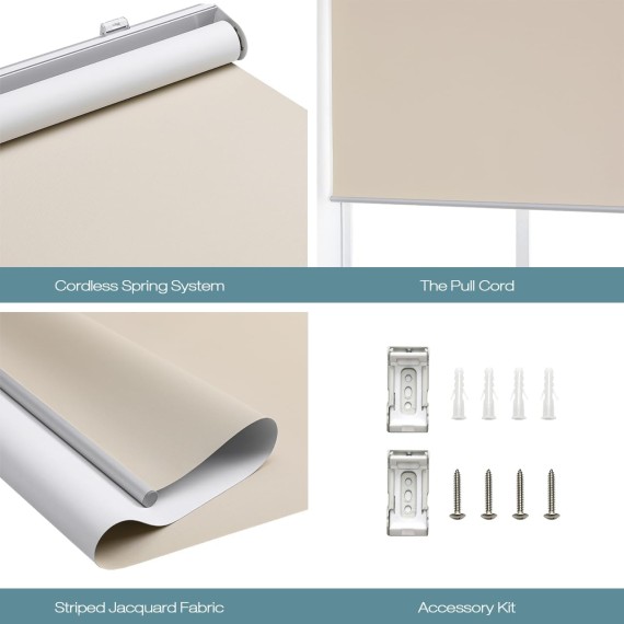 Cordless Free-Stop100% Blackout Blinds for Windows, Roller Windows Shades with Thermal Insulated, UV Protection Fabric for Living Room, Office and Home. Easy to Install.Beige