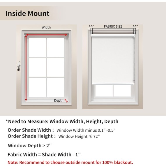 100% Blackout Blinds for Windows, Roller Shades for Indoor Windows, Thermal Insulated, UV Protection Fabric. Window Shades for Home, Bedroom, Living Room. Easy to Install, White, 20" W X 72" H