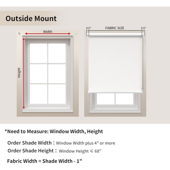 100% Blackout Blinds for Windows, Roller Shades for Indoor Windows, Thermal Insulated, UV Protection Fabric. Window Shades for Home, Bedroom, Living Room. Easy to Install, White, 20" W X 72" H