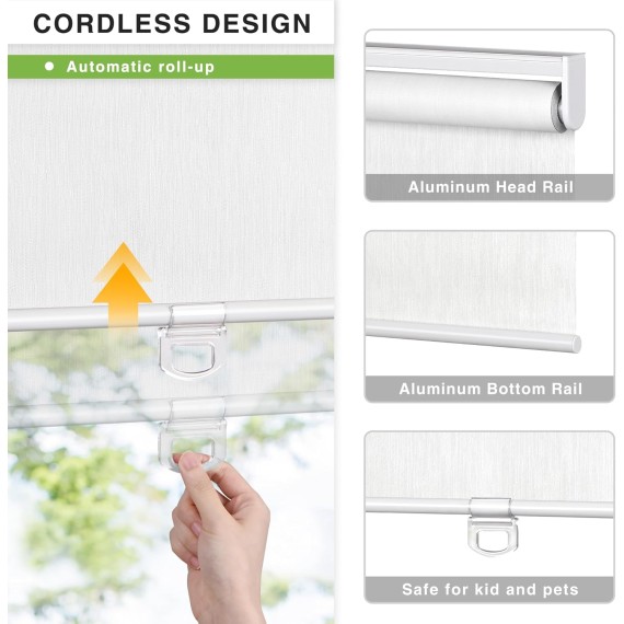 Cordless Roller Shade, Free-Stop Blackout Blinds for Windows, Thermal Insulated UV Protection Fabric with Striped Jacquard, Roll Up Blinds for French Doors, Bathroom: 20'' W x 72'' H, White