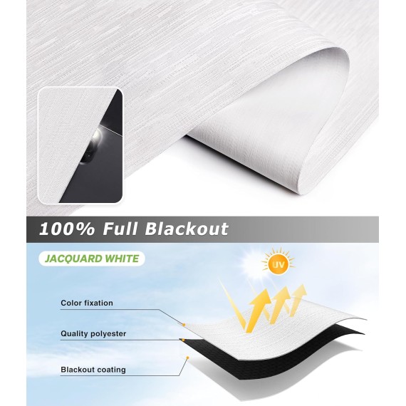 Cordless Roller Shade, Free-Stop Blackout Blinds for Windows, Thermal Insulated UV Protection Fabric with Striped Jacquard, Roll Up Blinds for French Doors, Bathroom:White