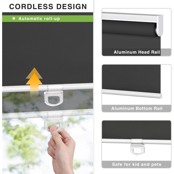 Cordless Roller Shade, Free-Stop Blackout Blinds for Windows, Thermal Insulated UV Protection Waterproof, Roll Up Door Blinds for French Doors, Home, Office, Bathroom, Black