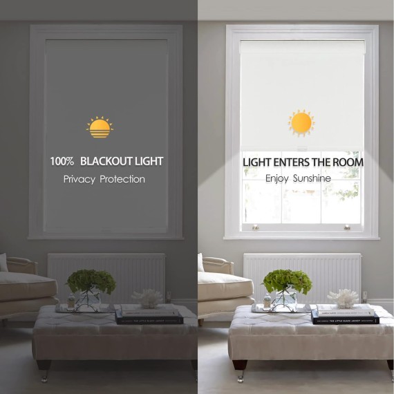White Cordless 100% Blackout Roller Shades for Window Blinds with Valance, Free-Stop Thermal Insulated Roller Blinds for Windows Shades for Bedroom, Living Room,Home Office
