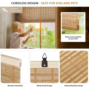 Cordless Bamboo Blinds, Bamboo Roll Up Shades for Windows, Light Filtering Hanging Window Blinds, Bamboo Shades for Patio Indoor/Outdoor Porch - Blinds, Squirrel