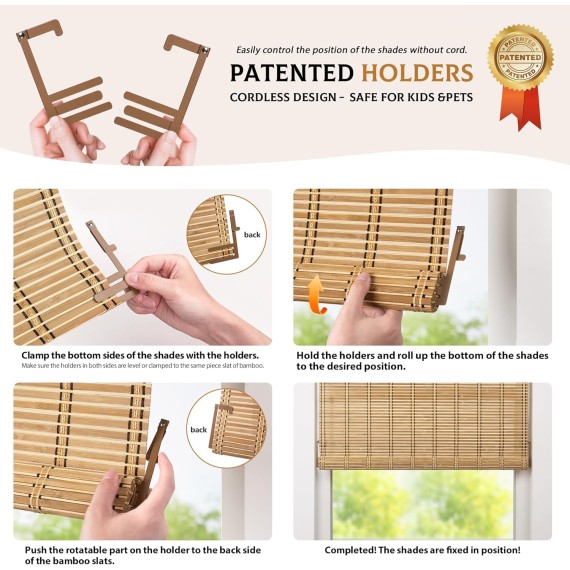 Cordless Bamboo Blinds, Bamboo Roll Up Shades for Windows, Light Filtering Hanging Window Blinds, Bamboo Shades for Patio Indoor/Outdoor Porch - Blinds, Squirrel