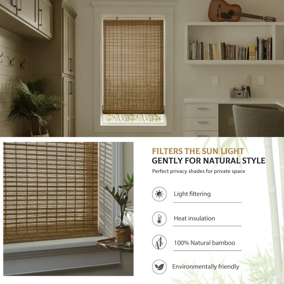 Cordless Bamboo Blinds, Bamboo Roll Up Shades for Windows, Light Filtering Hanging Window Blinds, Bamboo Shades for Patio Indoor/Outdoor Porch - Blinds, Squirrel