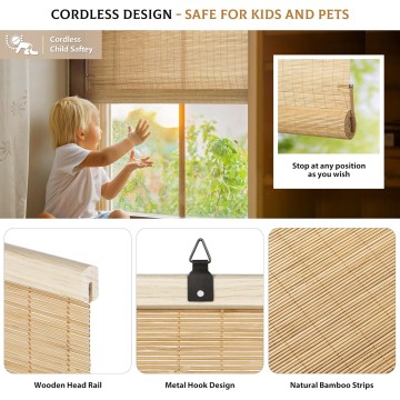 Cordless Bamboo Blinds, Bamboo Roll Up Shades for Windows, Light Filtering Hanging Window Blinds, Bamboo Shades for Patio Indoor/Outdoor Porch - Blinds, Carbonized
