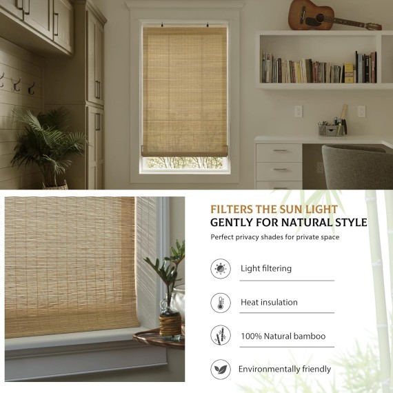 Cordless Bamboo Blinds, Bamboo Roll Up Shades for Windows, Light Filtering Hanging Window Blinds, Bamboo Shades for Patio Indoor/Outdoor Porch - Blinds, Carbonized
