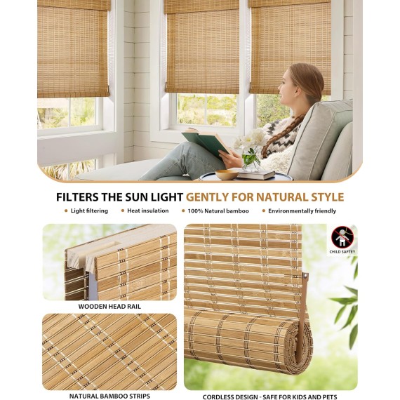 No Tools No Drill Bamboo Roller Shades, Cordless Bamboo Blinds, Light Filtering Bamboo Roll Up Blinds for Windows, Wood Window Blinds - Actual Blinds Size: 25 1/5'' W x 72'' H, Brown206