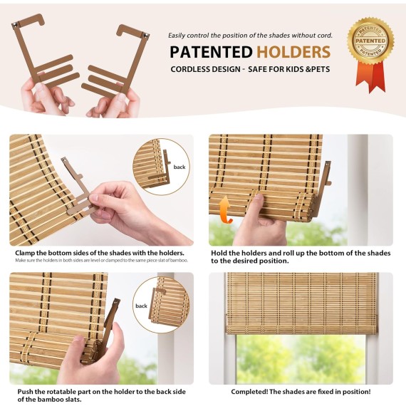 No Tools No Drill Bamboo Roller Shades, Cordless Bamboo Blinds, Light Filtering Bamboo Roll Up Blinds for Windows, Wood Window Blinds - Actual Blinds Size: 25 1/5'' W x 72'' H, Brown206