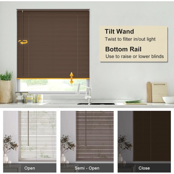Cordless No Tools-No Drill 1" Vinyl Horizontal Mini Blinds, Light Filtering Blinds for Windows, Blinds & Shades for Window, Mahogany