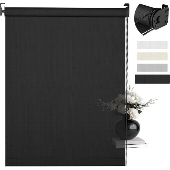 Light Filtering Roller Shades for Windows Solar Shade Thermal Insulated Fabric Roller Blinds UV Protection Easy Installation Sheer Shades for Bedroom Office Door.Black.