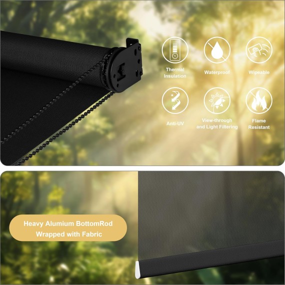 Light Filtering Roller Shades for Windows Solar Shade Thermal Insulated Fabric Roller Blinds UV Protection Easy Installation Sheer Shades for Bedroom Office Door.Black.