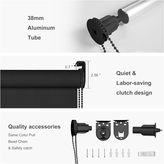 Light Filtering Roller Shades for Windows Solar Shade Thermal Insulated Fabric Roller Blinds UV Protection Easy Installation Sheer Shades for Bedroom Office Door.Black.