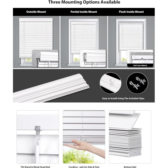 2-inch Cordless Faux Wood Blinds with Royal Valance, Room Darkening Horizontal Window Blinds, Inside Mount Blinds for Windows - Actual Blinds Size: 22.5'' W x 36'' H - White