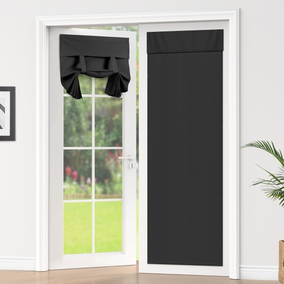 100% Blackout Door Curtains, Self Stick Tie up French Door Curtain for Privacy, Room Darkening Window Drape Front Door Sidelight Glass Door Curtain Panels, 26W x 69L, 1 Panel, Black