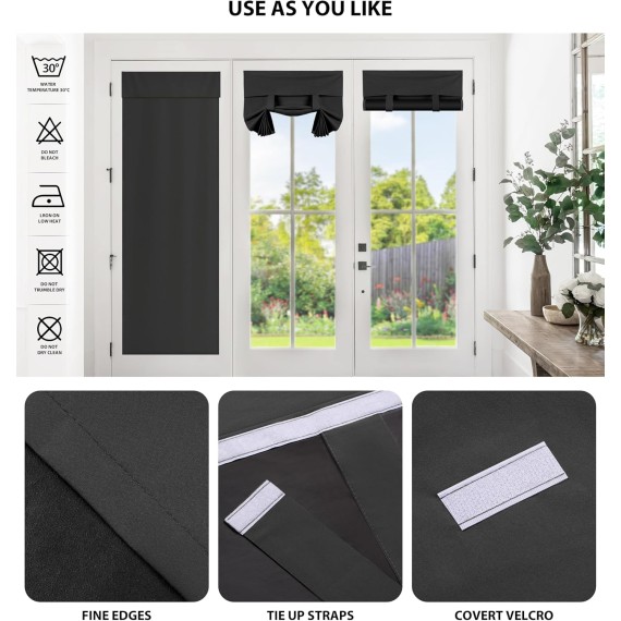 100% Blackout Door Curtains, Self Stick Tie up French Door Curtain for Privacy, Room Darkening Window Drape Front Door Sidelight Glass Door Curtain Panels, 26W x 69L, 1 Panel, Black
