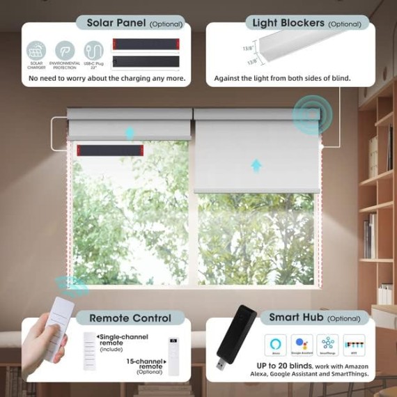 Motorized Blinds with Remote: Canisteo Battery Powered Control Electric Smart Roller Blinds Shades with Remote for Windows Cordless 100% Blackout, White